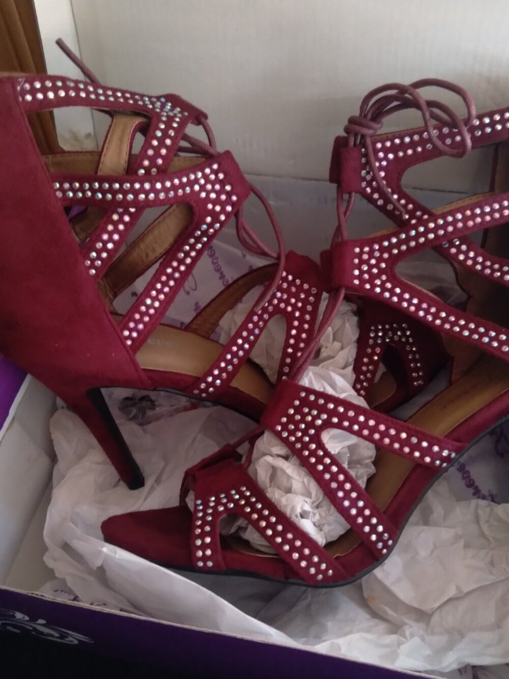 Forever Lace Up Gladiator Sandal Heels - Burgundy - Size 9 - Picture 3 of 8